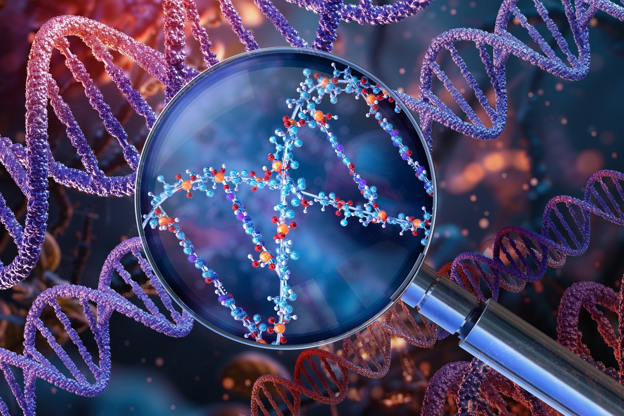 3D illustration: Double helix structure with magnifying glass looking at a small section