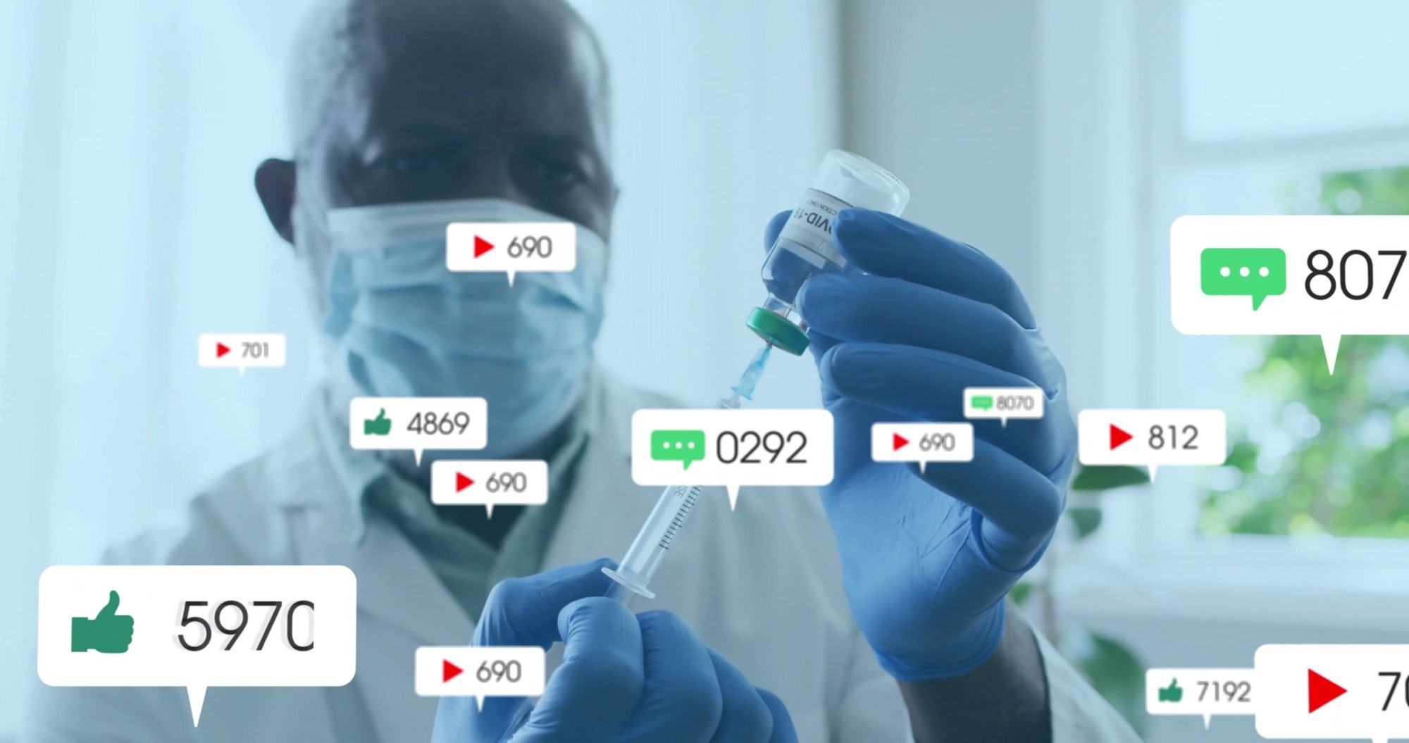 Doctor holding vaccine syringe, with social media engagement images overlayedr